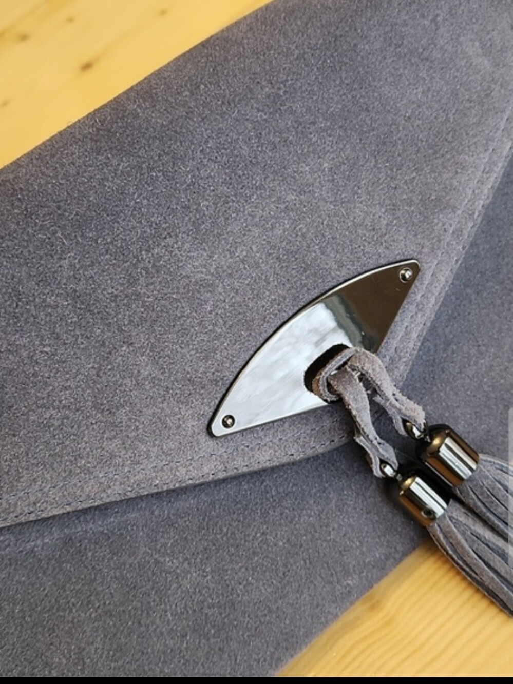 White House Black Market Gray Suede Clutch Wristlet Bag Tassels Envelope - Picture 13 of 13
